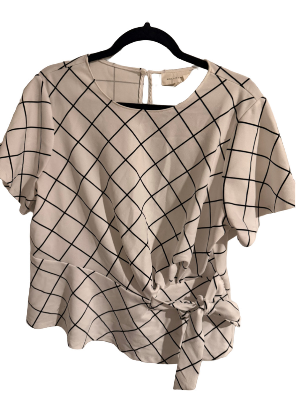 MELLODAY 1X Black & White Windowpane Grid Tie-Waist Peplum Top